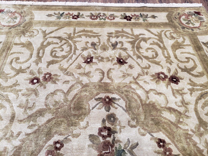 Vintage Nepali Tibetan Aubusson Wool Rug Hand Knotted 6x9 Cream Beige Leaves Floral Pattern