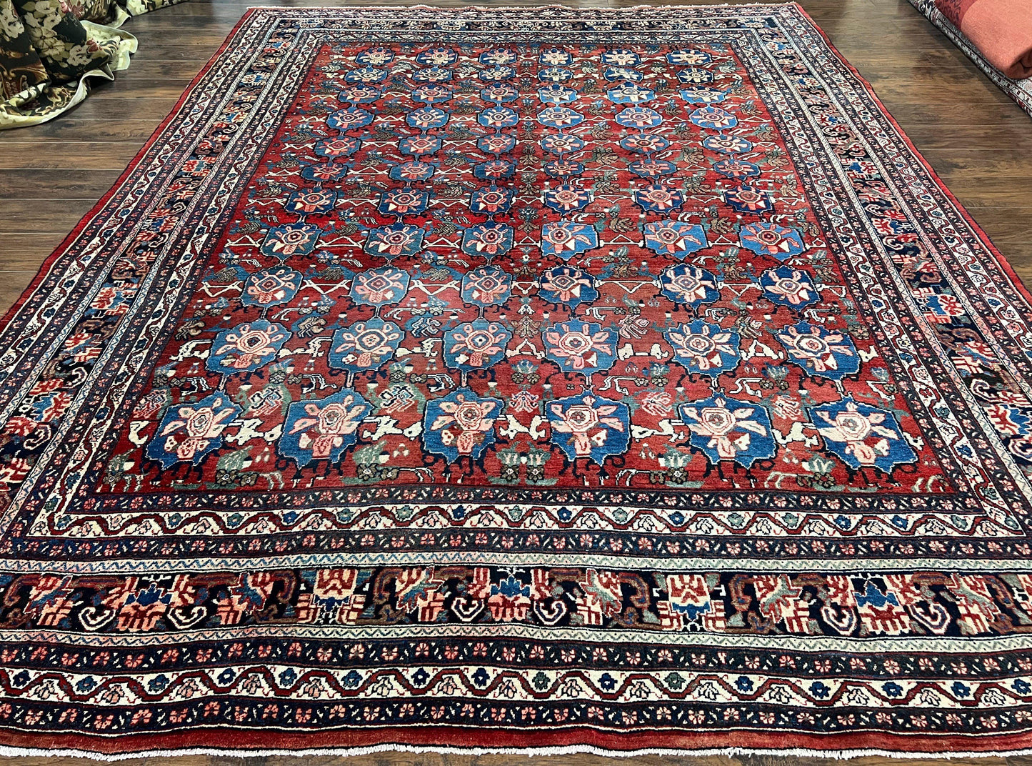 Antique Persian Bijar Rug 9x12 Allover Motif Red Blue Wool Handmade