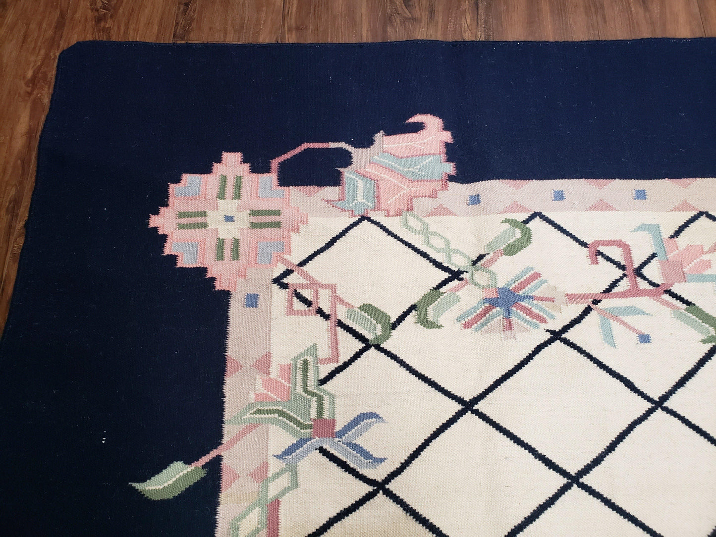 Vintage Wool Dhurrie Rug Handwoven Indian Kilim Flatweave Black White