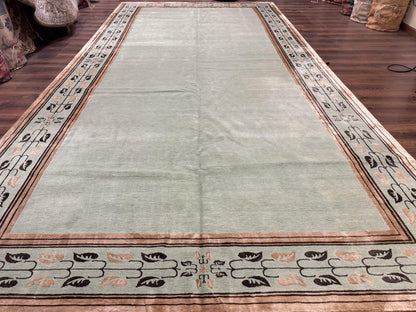 Palace Size Nepali Rug 9x18 Light Mint Green Open Field Wool Hand Knotted Modern Contemporary