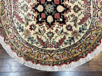 Silk Persian Tabriz Round Rug 3x3 Ft Hand Knotted Carpet Cream Gold Floral Birds