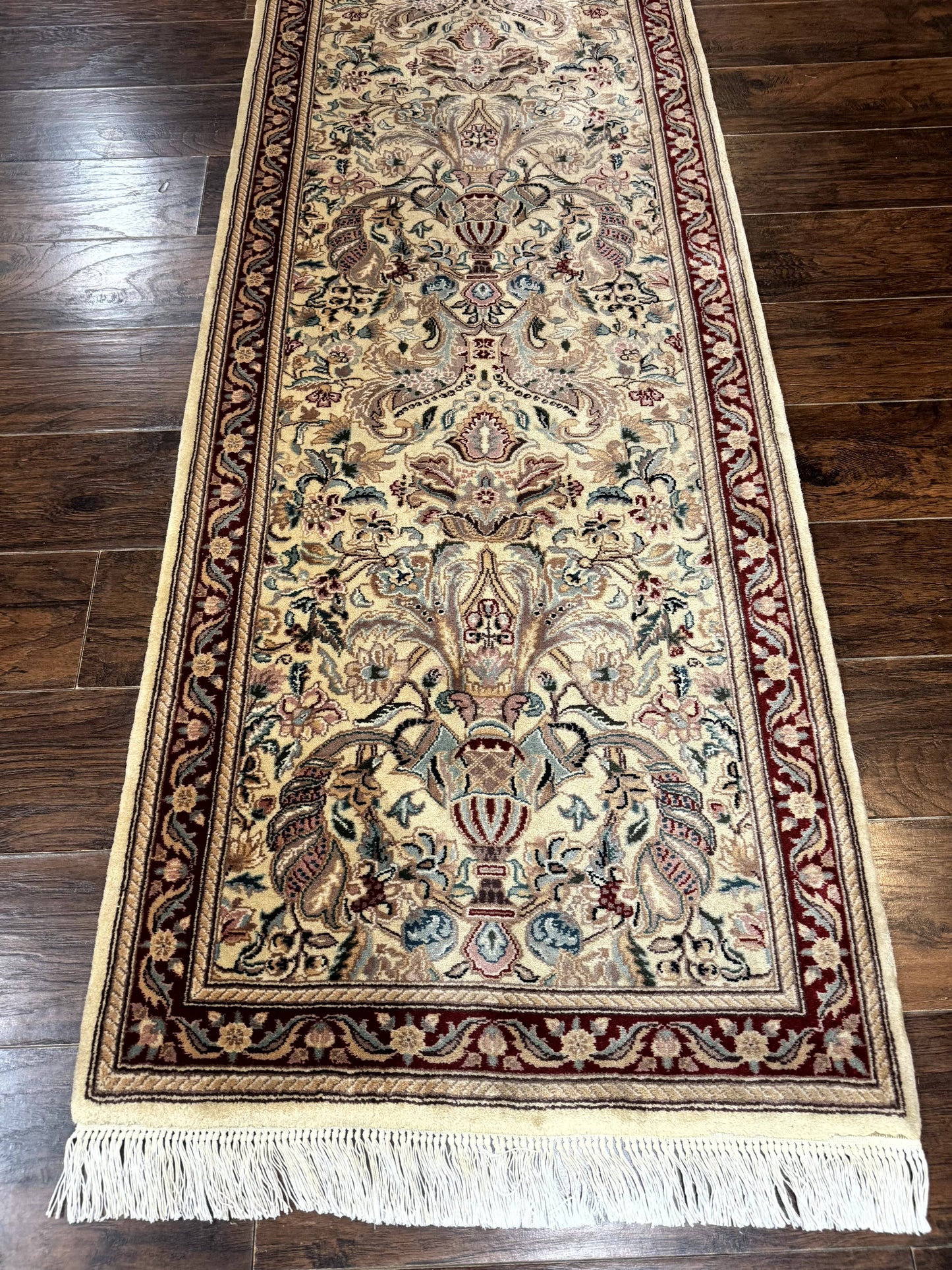 Pakistani Runner Rug 2.8 x 14 Handmade Wool Cream Floral Hallway Accent