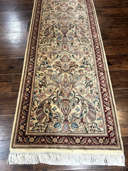Pakistani Runner Rug 2.8 x 14 Handmade Wool Cream Floral Hallway Accent