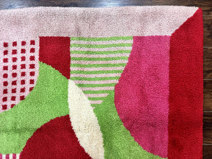 European Shag Rug 4.8 x 4.8 Modern Abstract Loomed Wool Square Rug In Green Pink Red