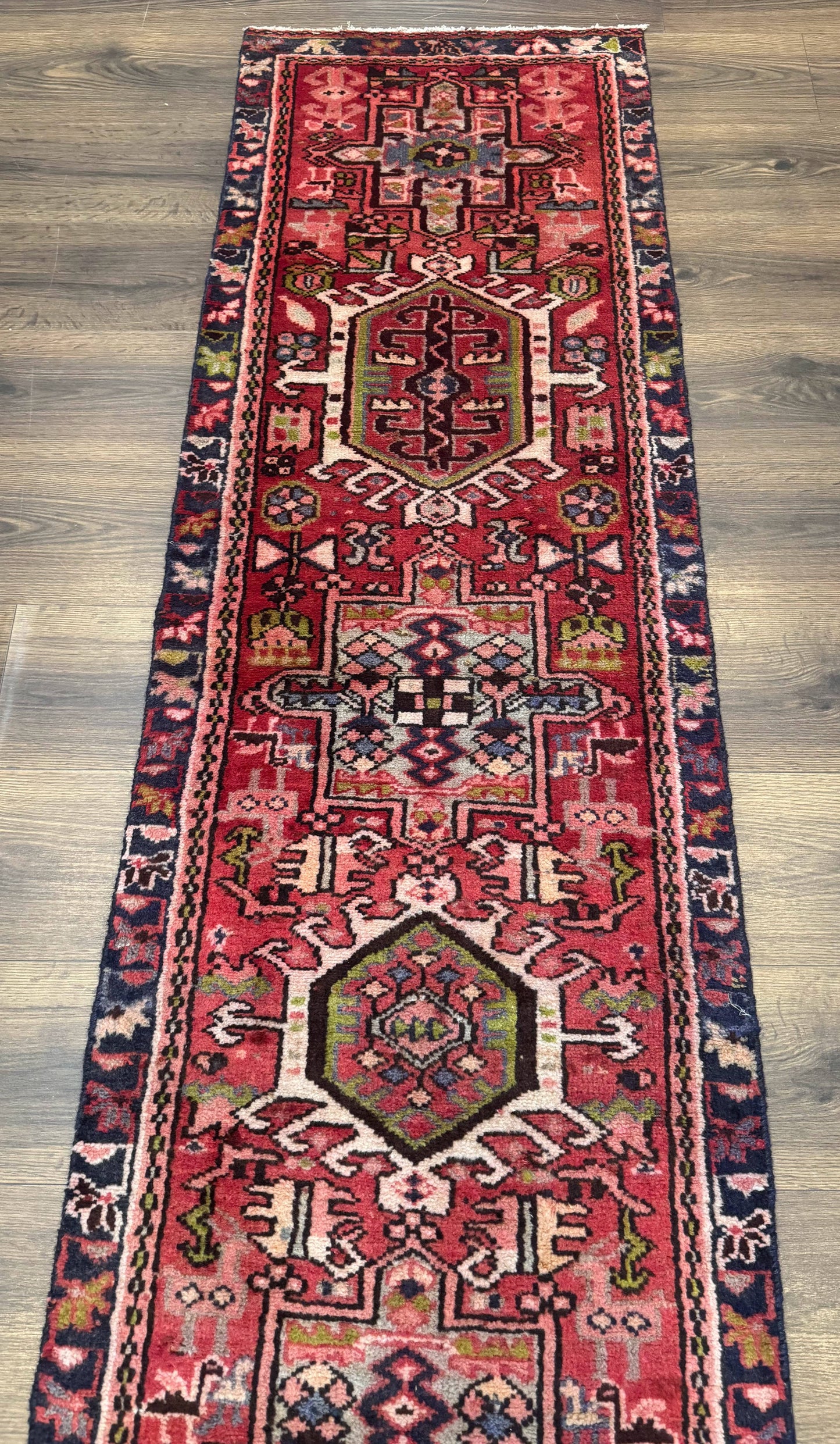 Persian Heriz Karajeh Runner Rug 2x9 With Bold Geometric Medallions In Red Navy