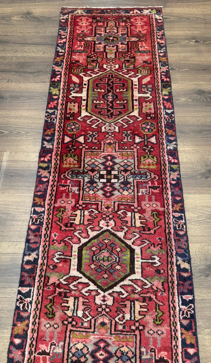 Persian Heriz Karajeh Runner Rug 2x9 With Bold Geometric Medallions In Red Navy