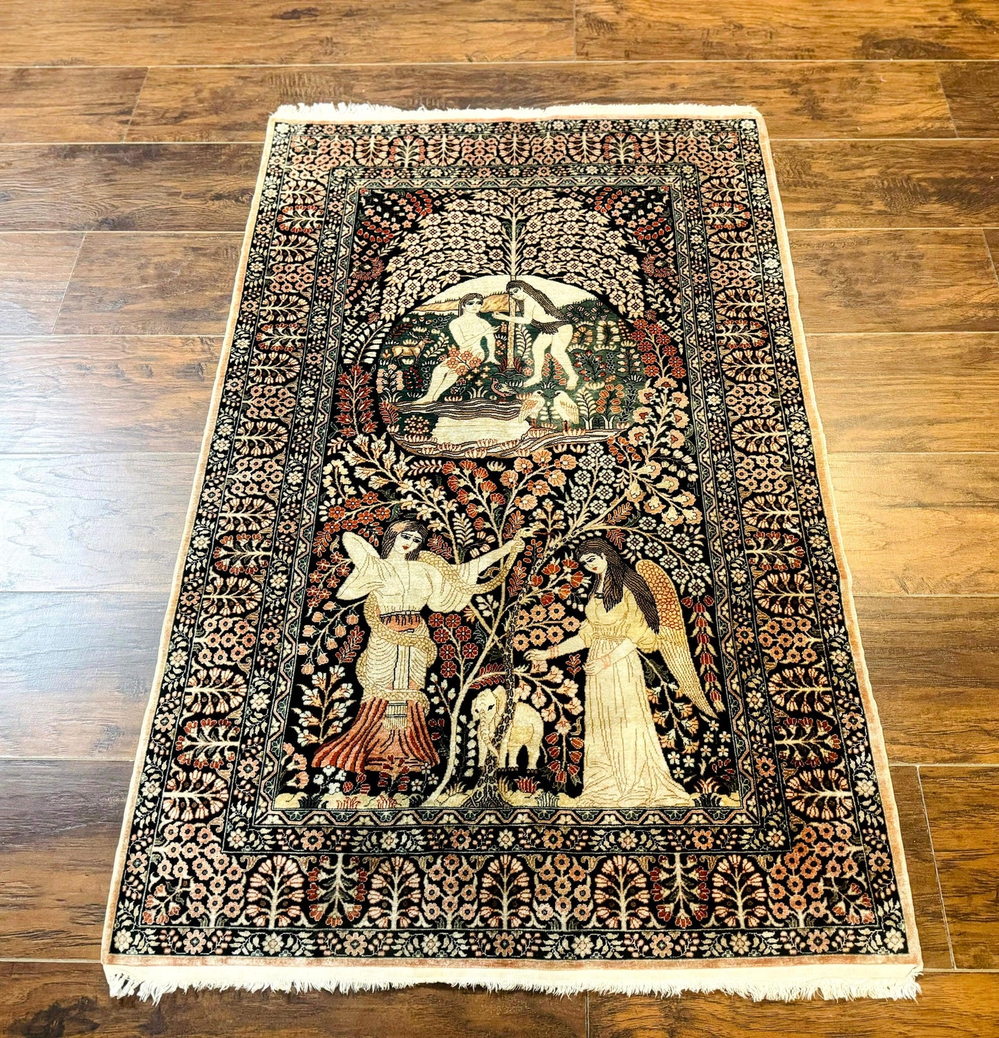 Sino Persian Pictorial Rug Garden Of Eden Adam And Eve Tree Of Life Design Silk Hand Knotted 580 KPSI Masterpiece 2.7x4