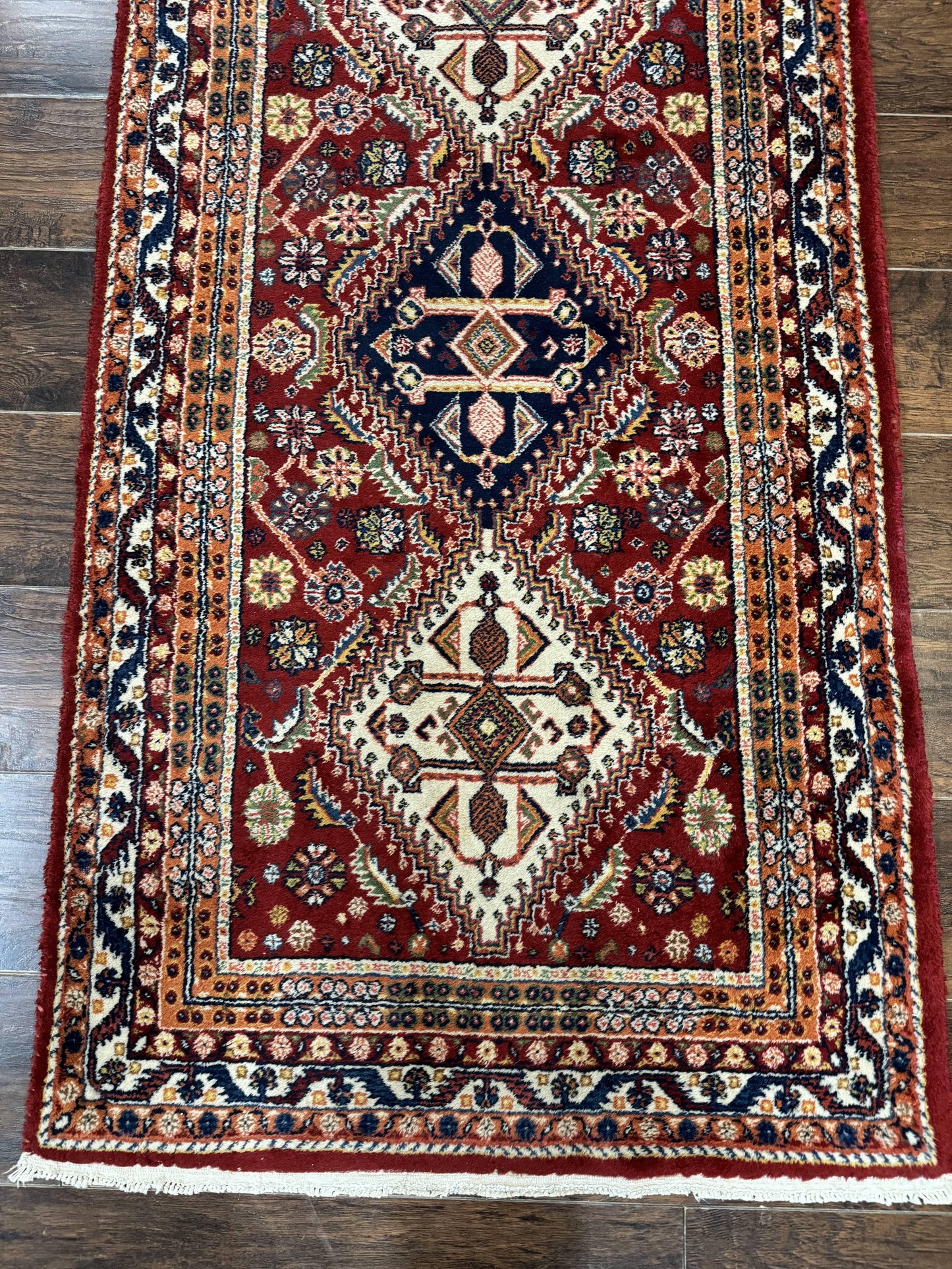 Persian Qashqai Runner Rug 3x13 Wool Hand Knotted Red Ivory Blue Geometric Medallions