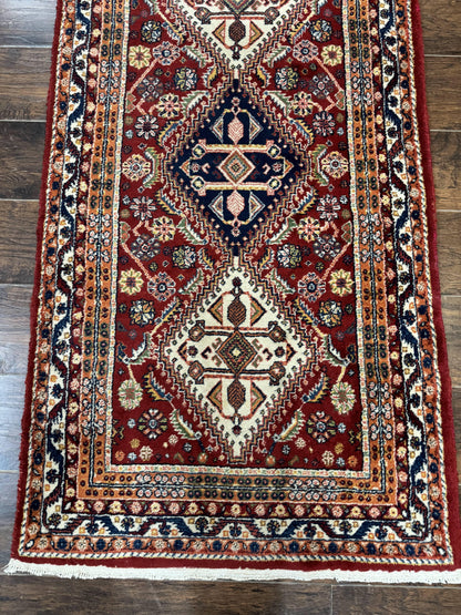 Persian Qashqai Runner Rug 3x13 Wool Hand Knotted Red Ivory Blue Geometric Medallions