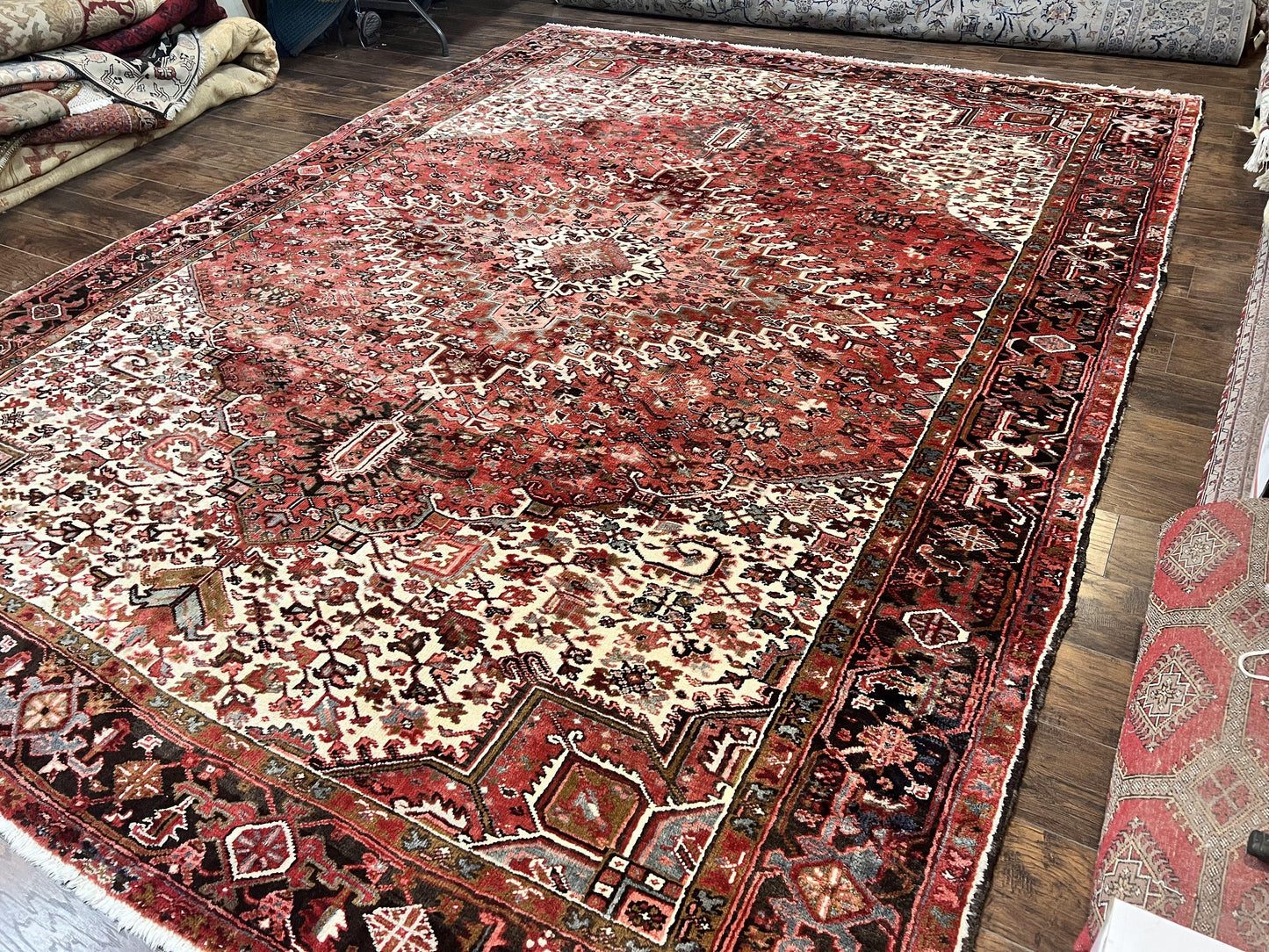Persian Heriz Rug 10x13 Handmade Wool Hand Knotted Red Cream Geometric Tribal Semi Antique Carpet