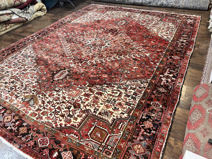 Persian Heriz Rug 10x13 Handmade Wool Hand Knotted Red Cream Geometric Tribal Semi Antique Carpet