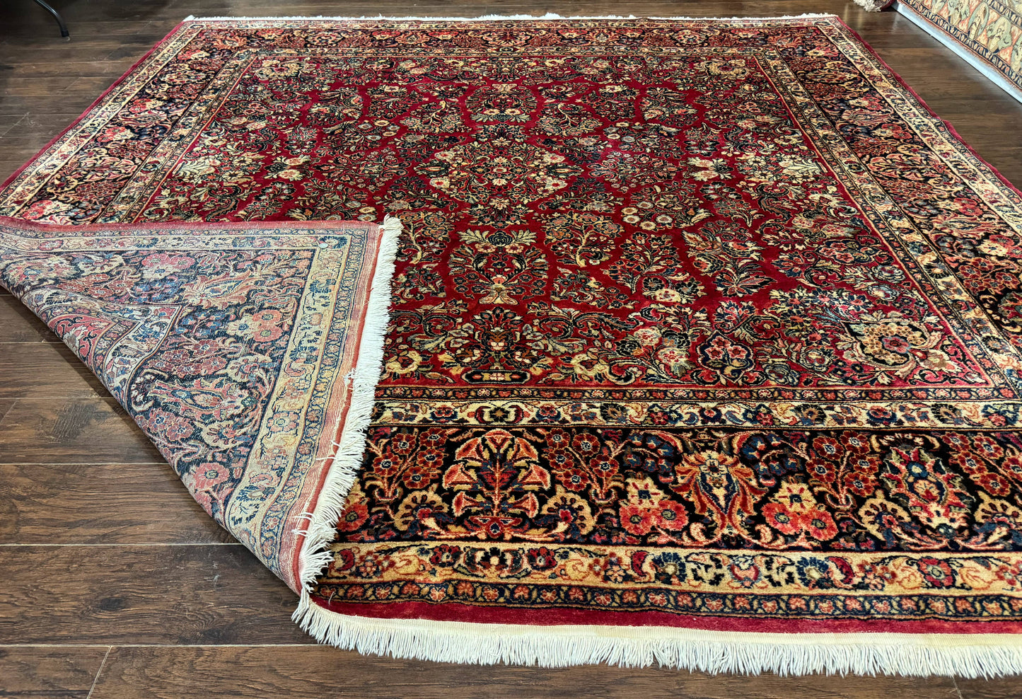 Antique Persian Sarouk Rug 10x10 Square Red Floral Lattice With Navy Border