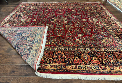 Antique Persian Sarouk Rug 10x10 Square Red Floral Lattice With Navy Border