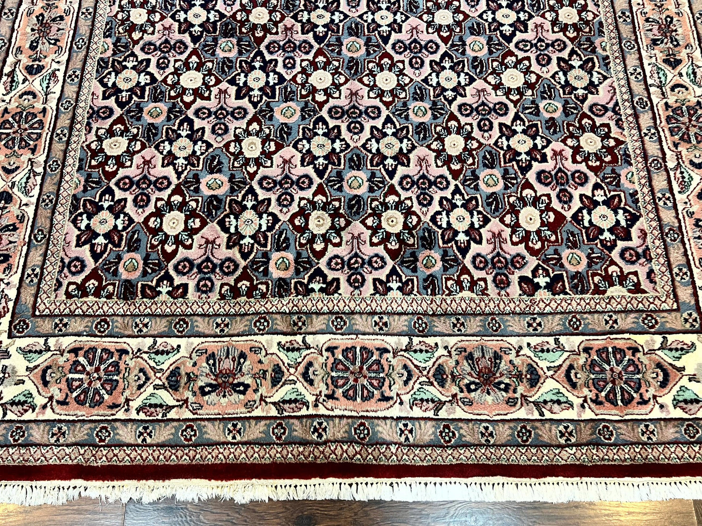 Indo Persian Rug 8x10 Handmade Vintage Wool Floral Allover Pattern Navy Ivory
