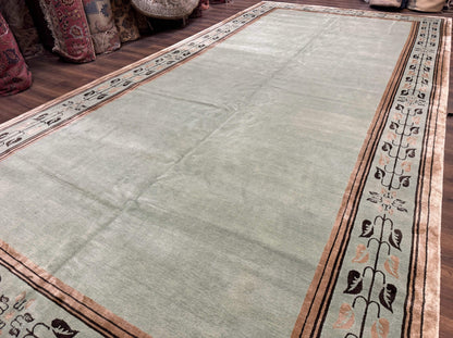 Palace Size Nepali Rug 9x18 Light Mint Green Open Field Wool Hand Knotted Modern Contemporary