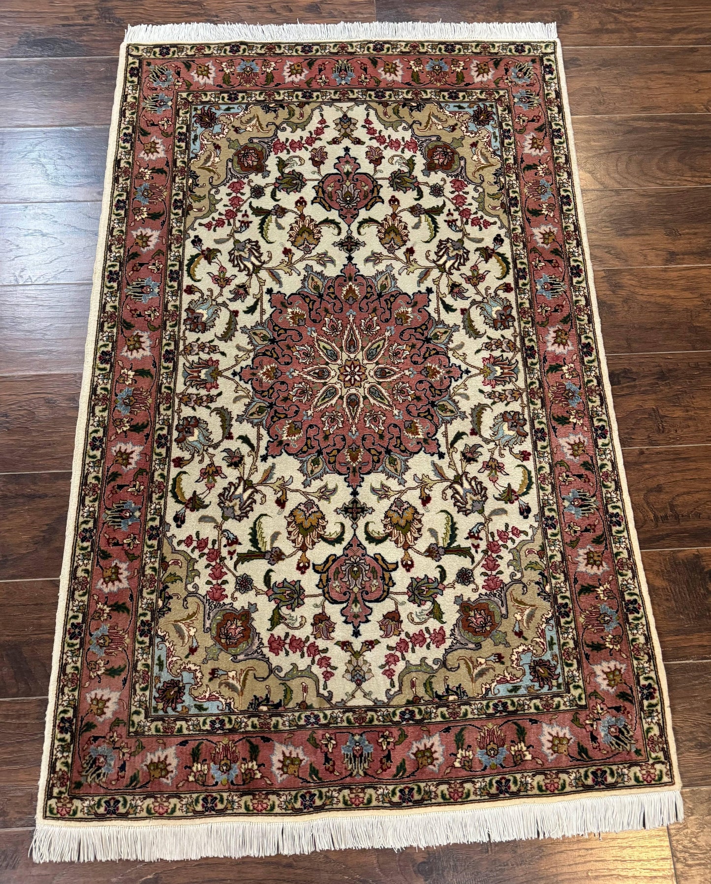 Fine Persian Tabriz Rug 3x5 Hand Knotted Wool Floral Medallion Ivory Salmon 340 KPSI