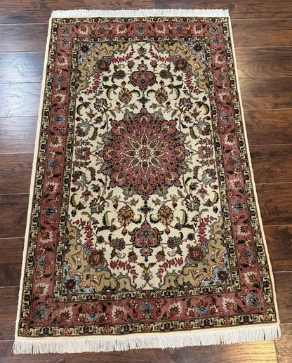 Fine Persian Tabriz Rug 3x5 Hand Knotted Wool Floral Medallion Ivory Salmon 340 KPSI