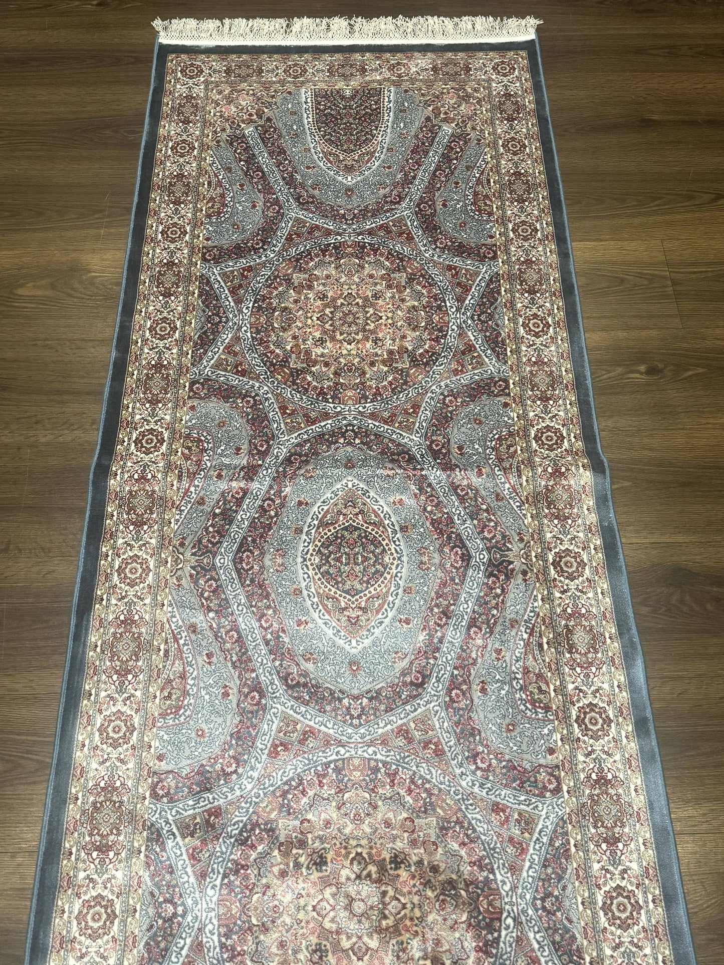 Turkish Silk Runner Rug 2.6 x 13 Blue Dome Design Bamboo Silk New