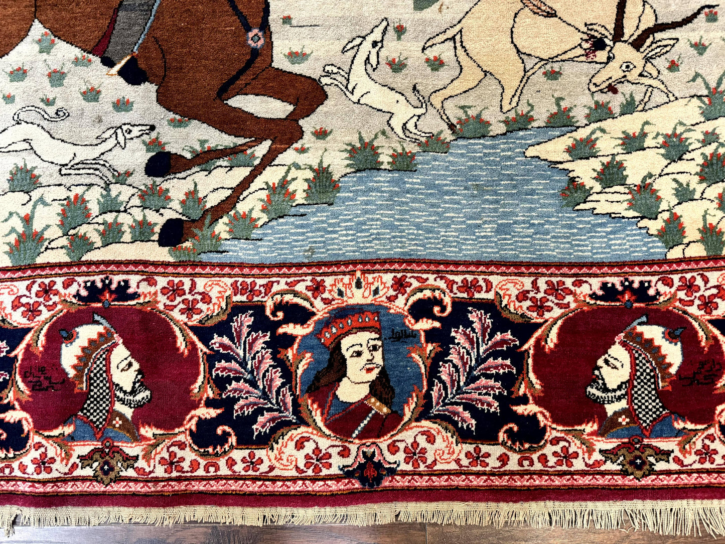 Persian Kashan Pictorial Rug 6x9 Hand Knotted Wool Wall Hanging King Bahram Hunting Scene Antique