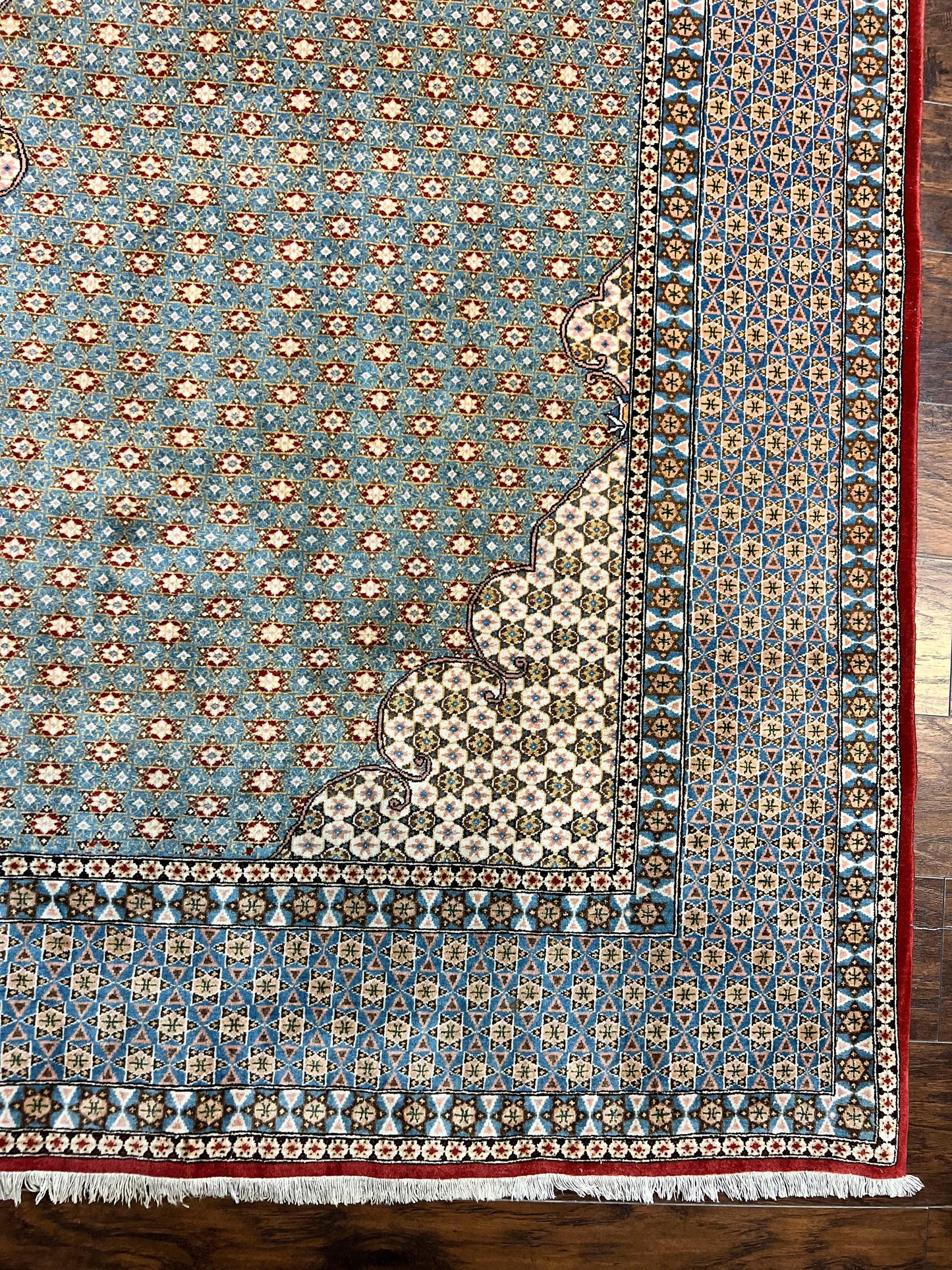 Qum Persian Rug Hand Knotted Wool 8x12 Vintage Star Motifs Blue Ivory