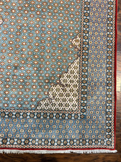 Qum Persian Rug Hand Knotted Wool 8x12 Vintage Star Motifs Blue Ivory