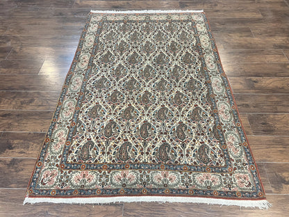 Persian Qum Rug 5x6 Cream Wool Hand Knotted Carpet With Repeated Boteh Paisley Design Semi Antique Vintage