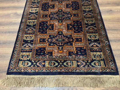 Vintage Afghan Rug 4x6 Hand Knotted Wool Geometric Medallions Navy Blue and Light Brown Tribal Style