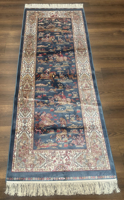 Turkish Silk Rug Runner 2.6 by 6.7 Blue Ivory Bamboo Silk Contemporary Design