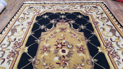 Aubusson Savonnerie Wool Rug 6x9 Hand Knotted Black Beige Nepalese Design