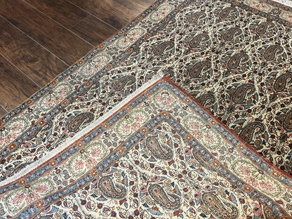 Persian Qum Rug 5x6 Cream Wool Hand Knotted Carpet With Repeated Boteh Paisley Design Semi Antique Vintage