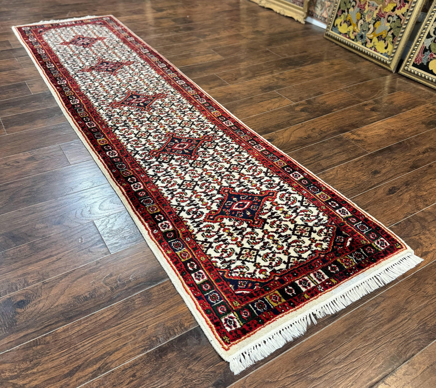 Indo Persian Bidjar Runner Rug Classic Wool Handmade Hallway Decor Ivory And Red Medallions