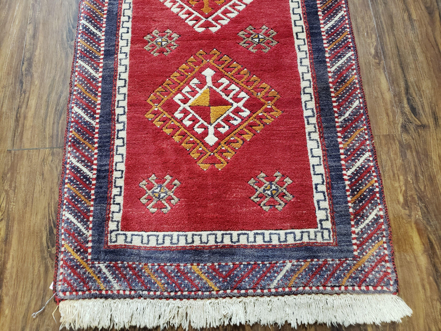 Vintage Turkish Kazak Rug 2.5 by 5 Red Wool Runner With Medallions Geometric Pattern