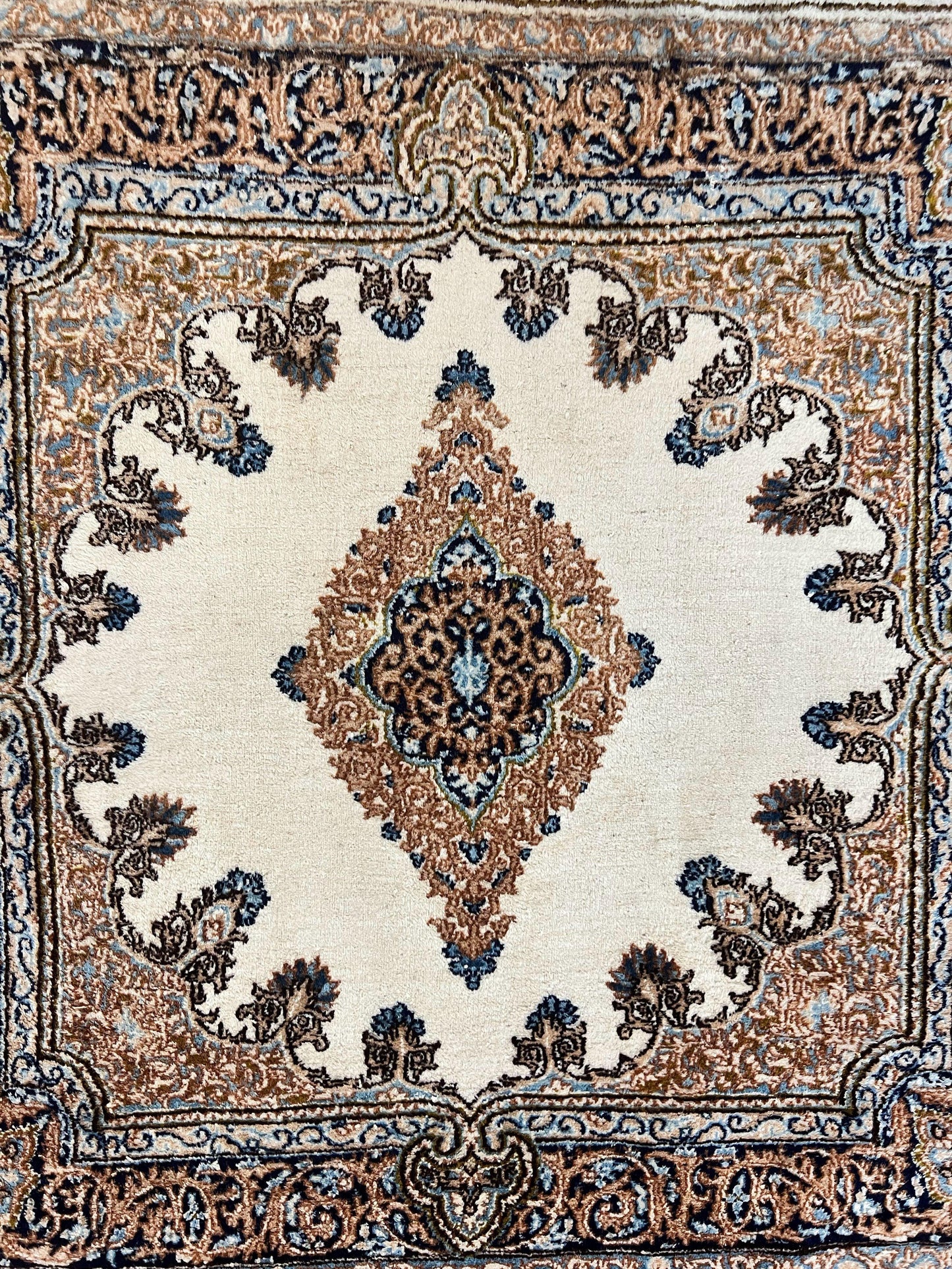 Persian Kirman Square Rug 4x4 Handmade Wool Hand Knotted Semi Open Field