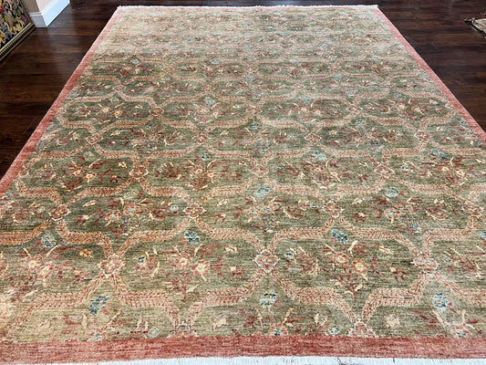 Peshawar Rug 9x12 Hand Knotted Handmade Wool Carpet Floral Light Green Modern