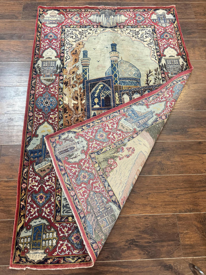 Persian Isfahan Pictorial Rug Hand Knotted 3.6x5.7 Wool Silk Highlights Signed By Masterweaver Handmade