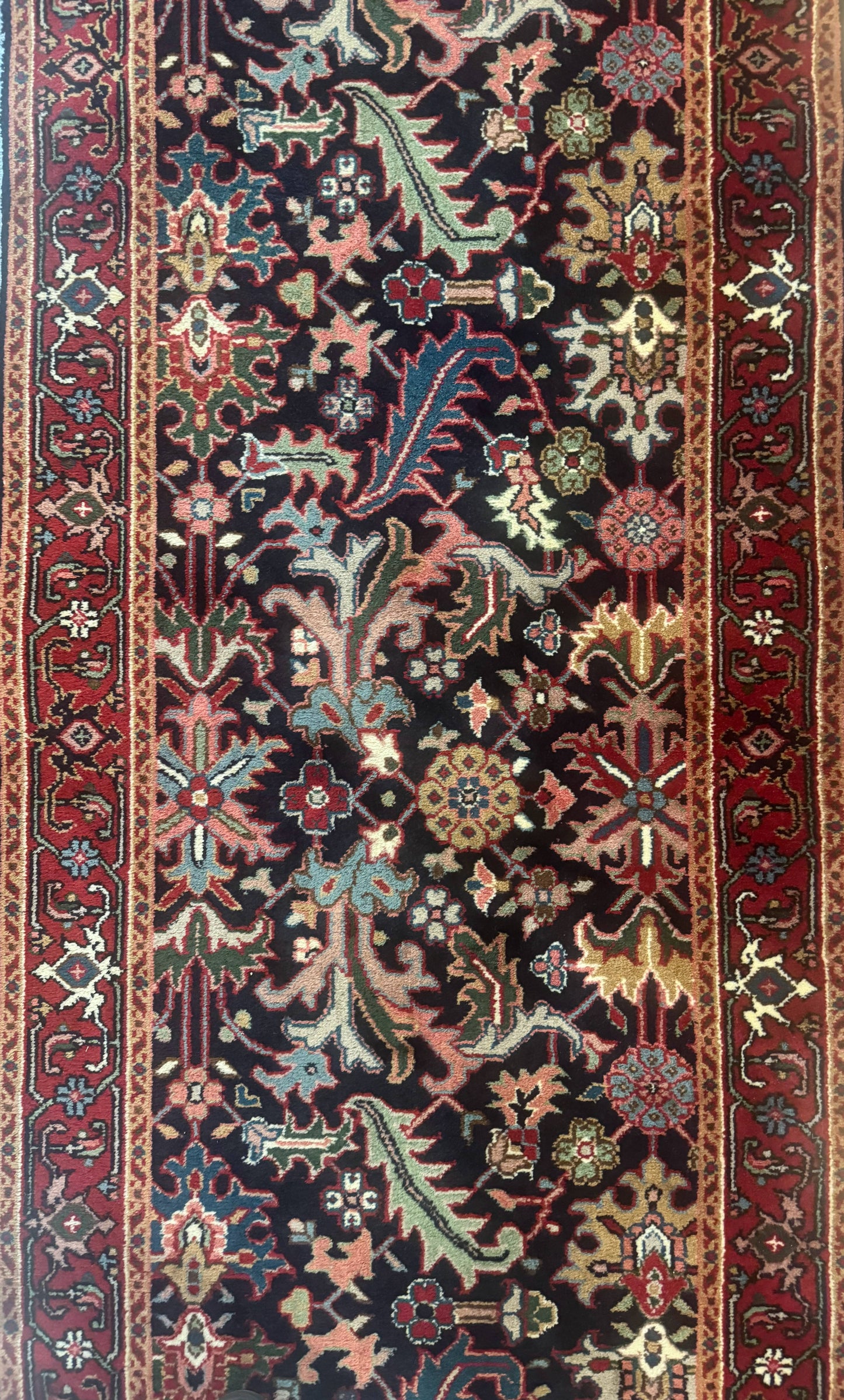 Indo Persian Runner Rug Wool 2.7 X 13 Navy Blue Red Floral Allover