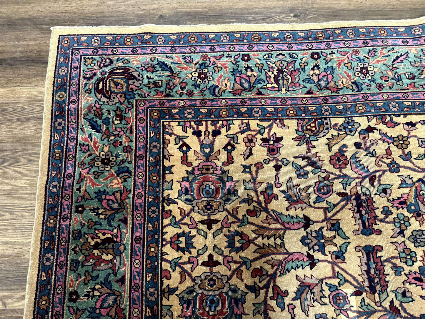 Rare Antique Persian Samarkand Rug 10x15 Camel And Cyan Allover Pattern