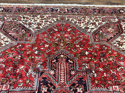 Persian Heriz Rug 10x13 Wool Hand Knotted Antique Carpet Red Ivory Geometric Tribal