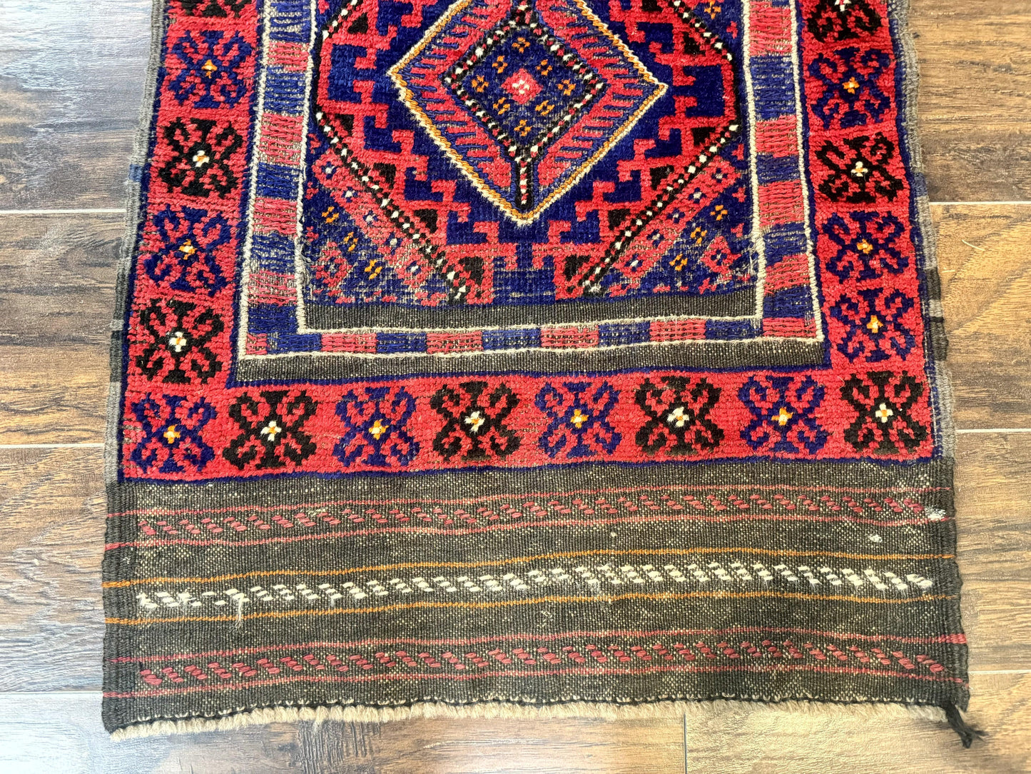 Turkoman Runner Rug 2x8.6 Handmade Wool Hallway Runner Vintage Red Blue
