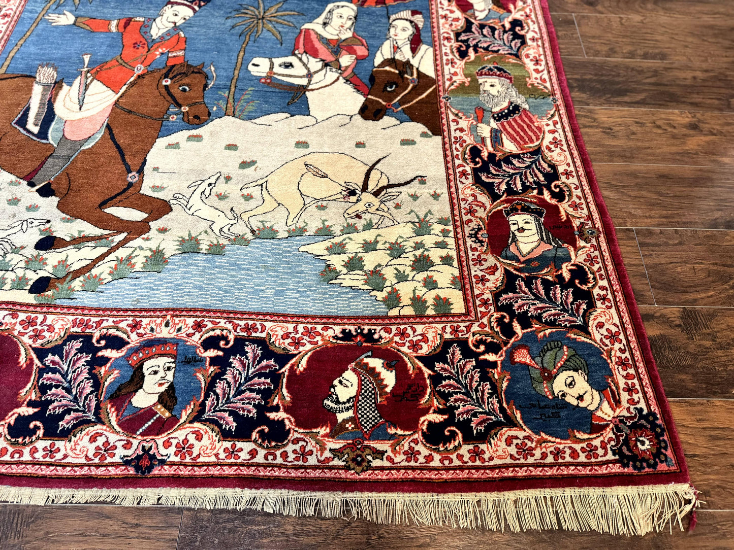 Persian Kashan Pictorial Rug 6x9 Hand Knotted Wool Wall Hanging King Bahram Hunting Scene Antique