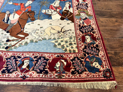 Persian Kashan Pictorial Rug 6x9 Hand Knotted Wool Wall Hanging King Bahram Hunting Scene Antique