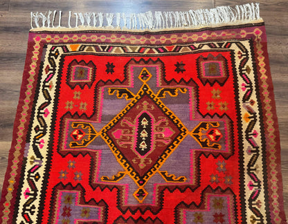 Persian Kurdish Zarand Kilim Rug 5x9 Runner With Red Field And Geometric Medallions