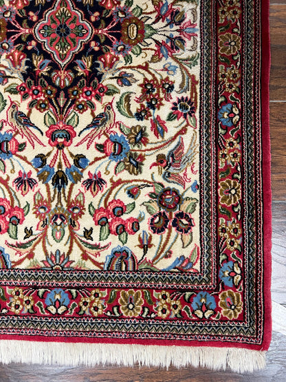 Persian Qum Runner Rug 2.8 x 10 Feet Hand Knotted Wool Floral Medallions With Birds