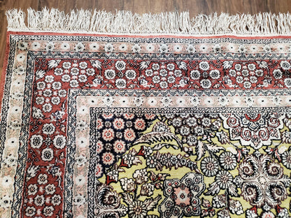 Kashmiri Silk Rug 5x8 Indian Handmade With Gold Threads Luxury Vintage Style