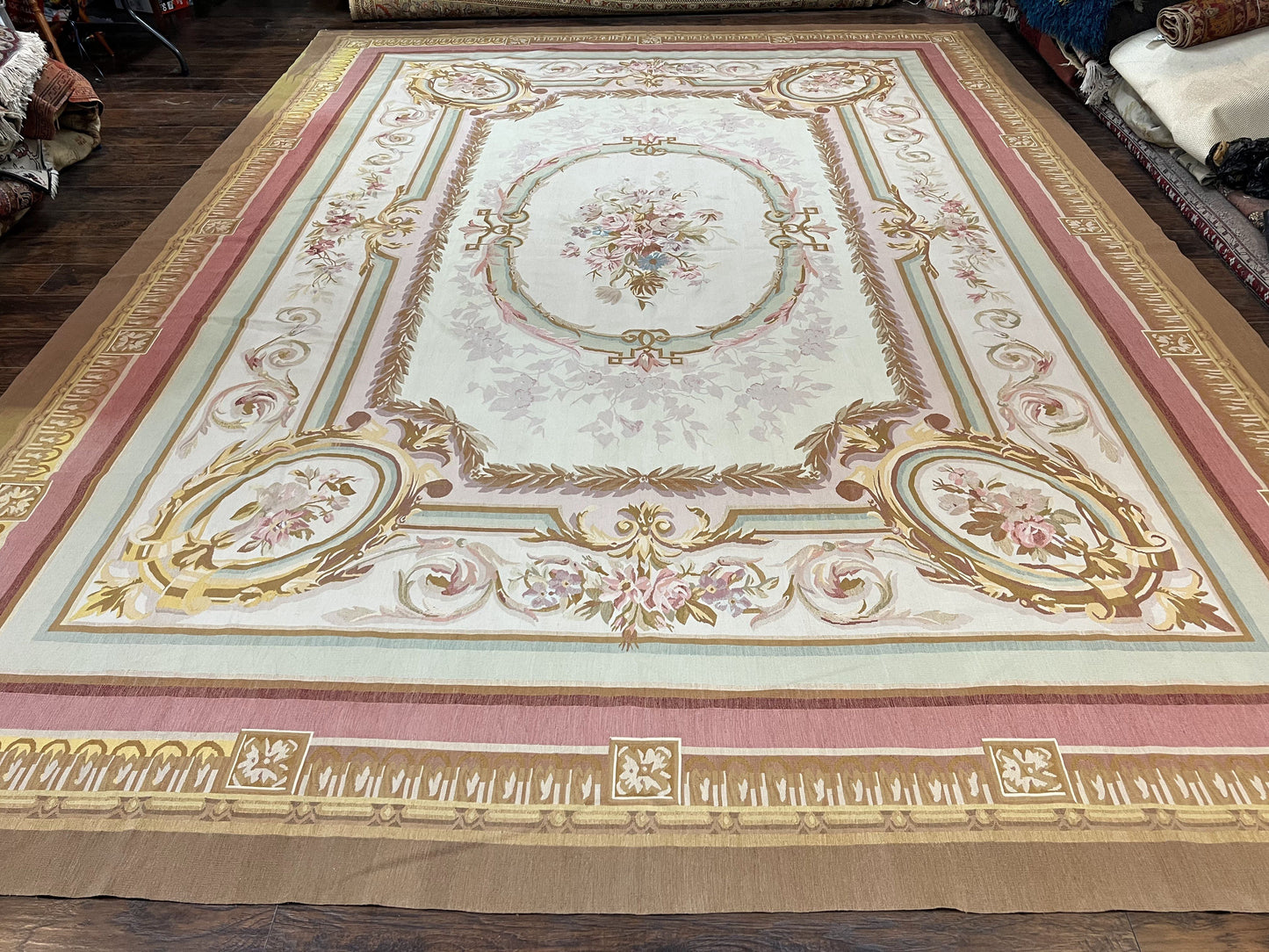Premium Aubusson Rug 11x15 Wool Handmade Vintage European Flatweave Savonnerie Carpet