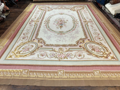 Premium Aubusson Rug 11x15 Wool Handmade Vintage European Flatweave Savonnerie Carpet