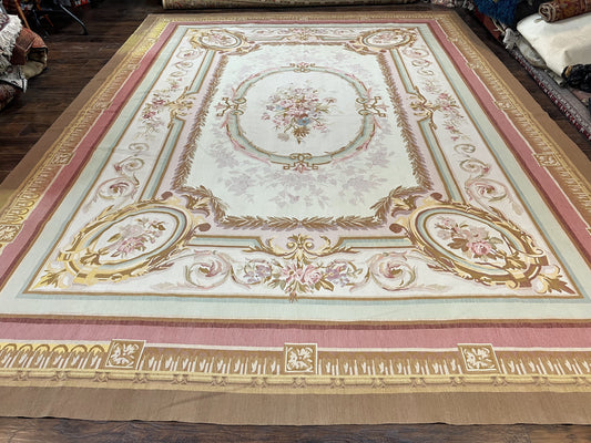 Premium Aubusson Rug 11x15 Wool Handmade Vintage European Flatweave Savonnerie Carpet