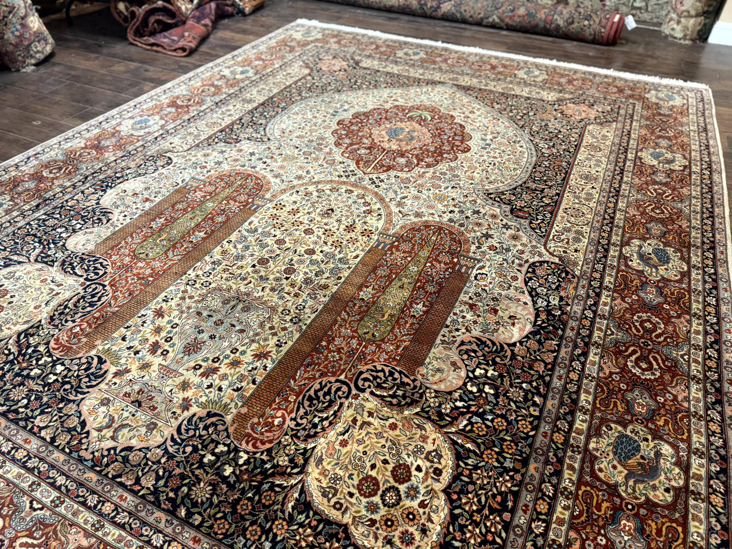 Handmade Persian Rug 9x12 Vintage Wool Floral Peacocks Very Fine 260 KPSI