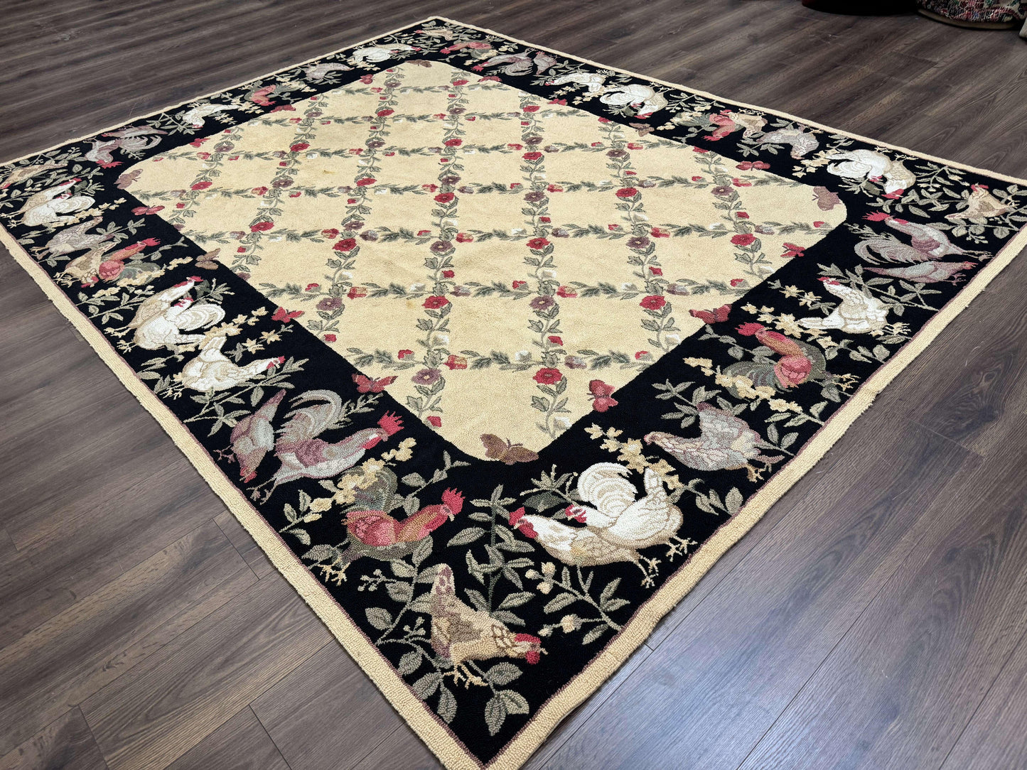 Vintage Hooked Rug 7x9 Rooster Border With Roses And Butterflies