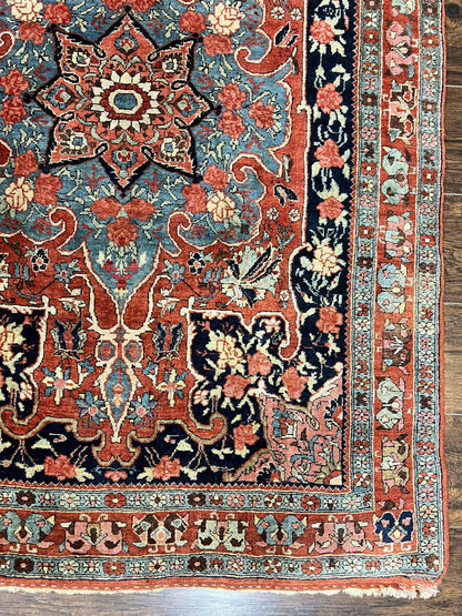 Persian Bidjar Rug 4x5 Hand Knotted Wool Carpet Red And Blue Antique